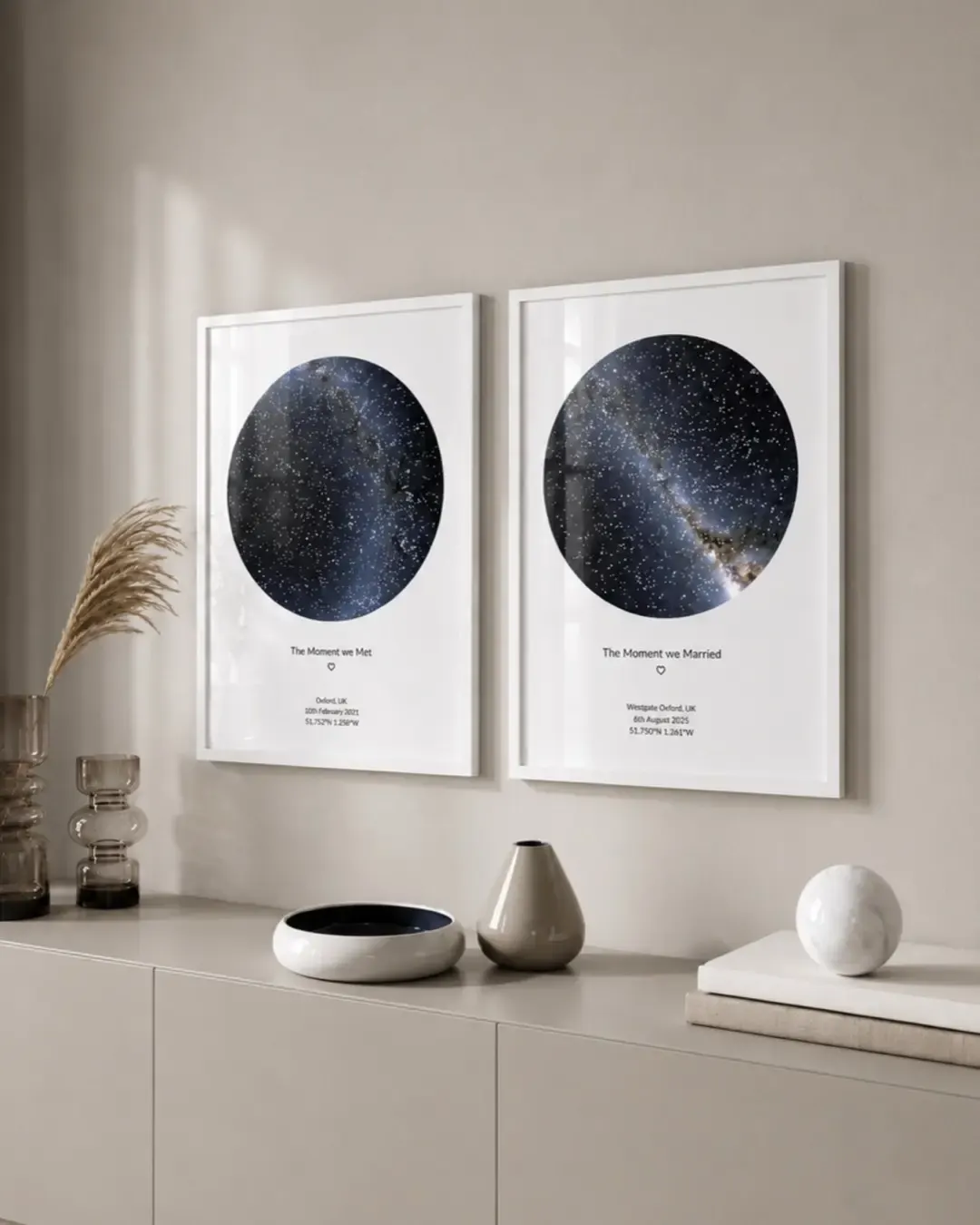Two framed star map prints, the moment we met and married