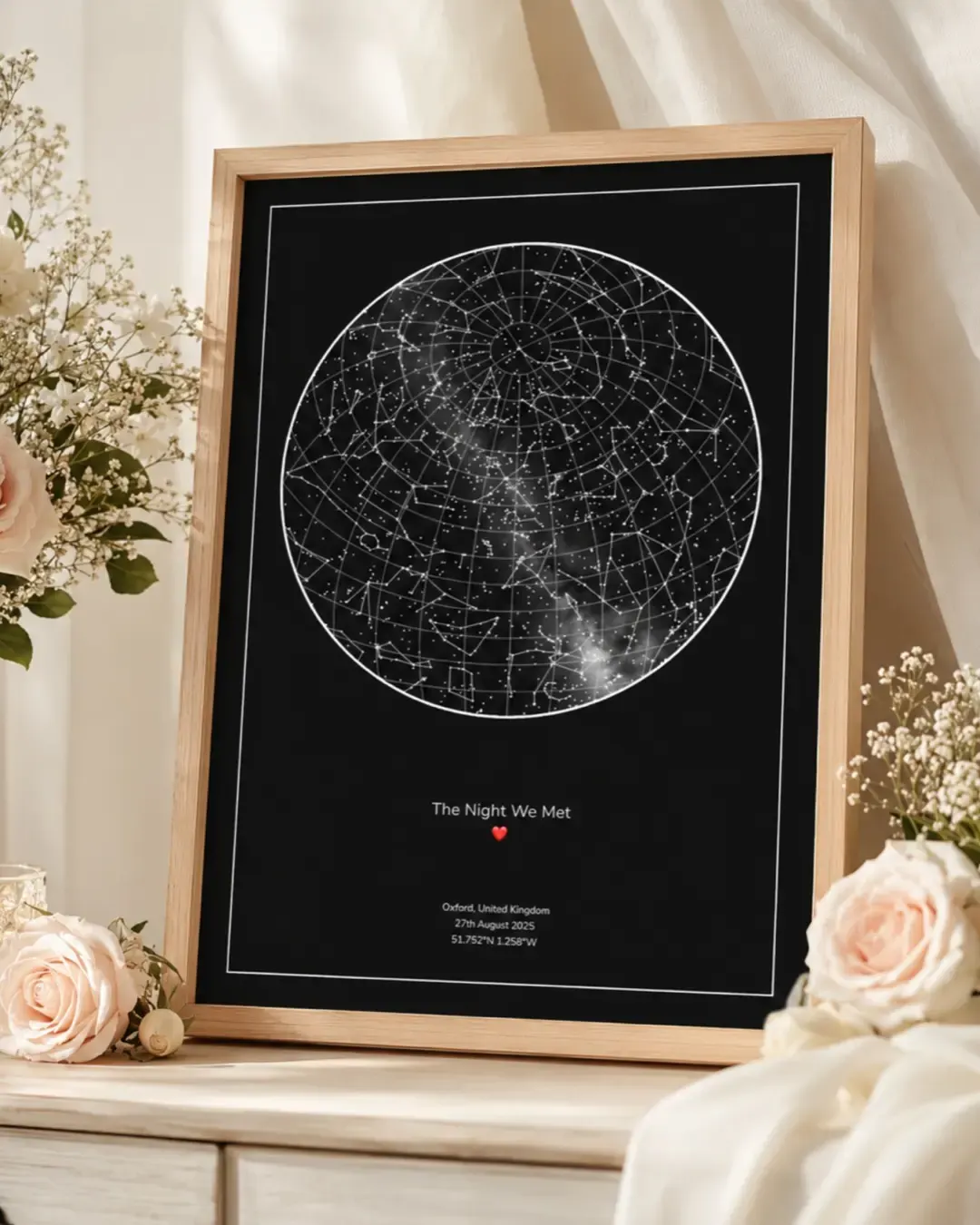 Oak framed star map with constellations