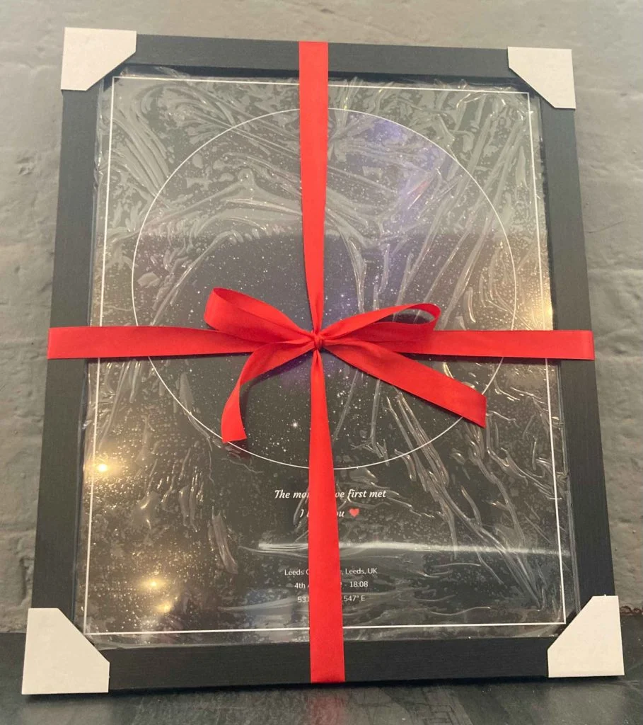 A framed Picture the Stars print gift wrapped and finished with a bow