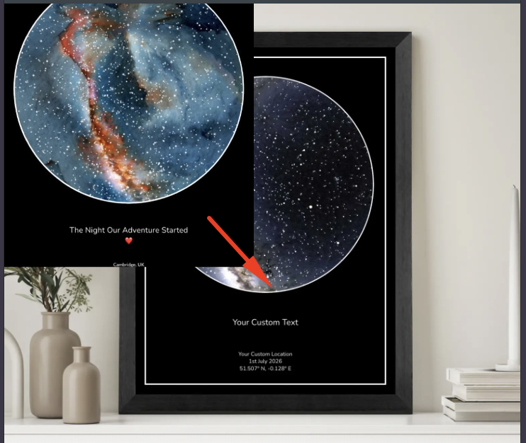 Personalised star map print framed and displayed on a shelf, capturing the night sky from a special date