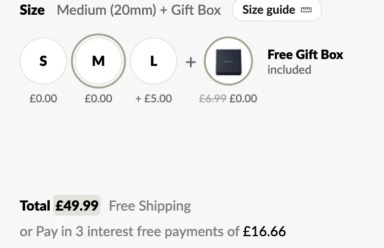 Location map jewellery size and gift box options