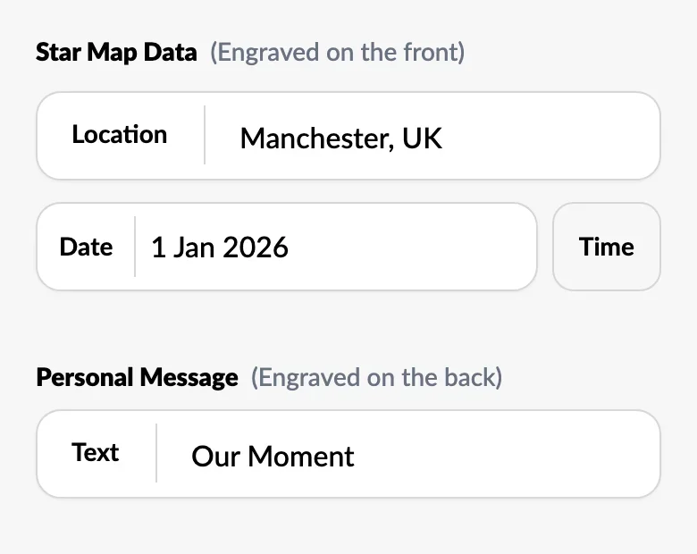 Star map jewellery location, date and message boxes