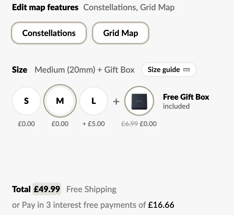 Star map jewellery size and gift box options