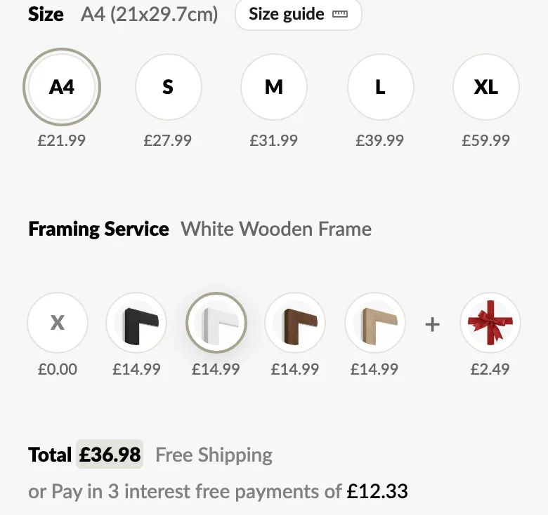 Size and frame options for a location map