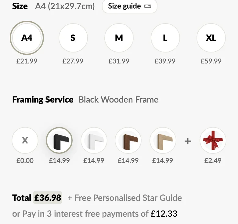 Size and frame options for a star map
