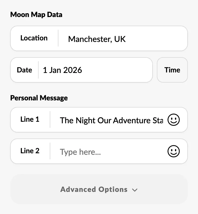 Moon map location, date and message boxes