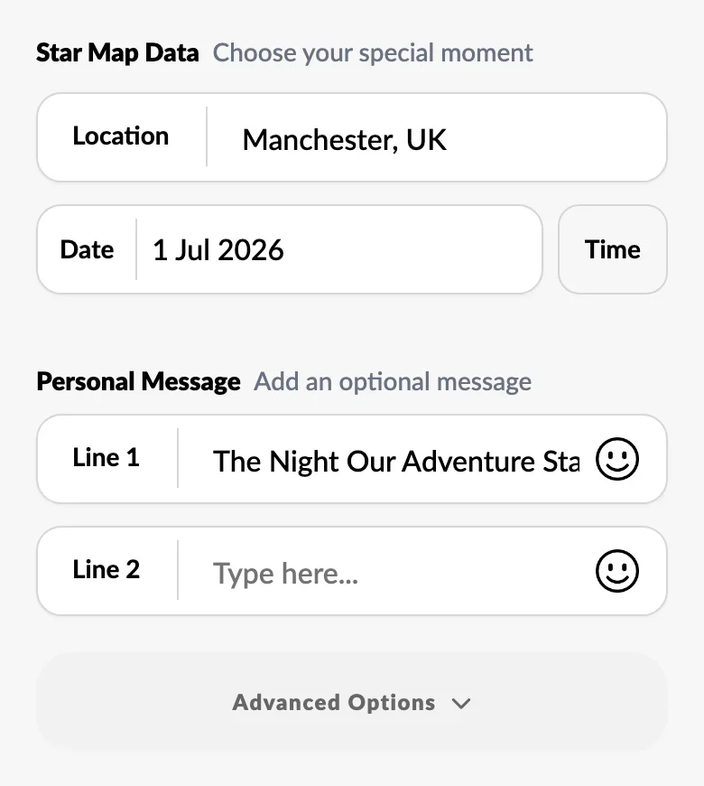 Star map location, date and message boxes