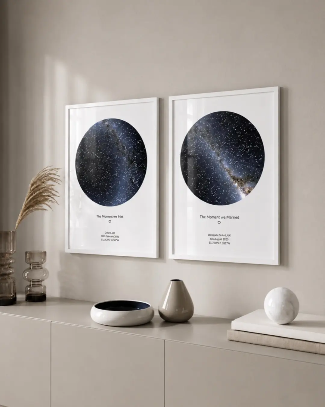Two framed star map prints, the moment we met and married