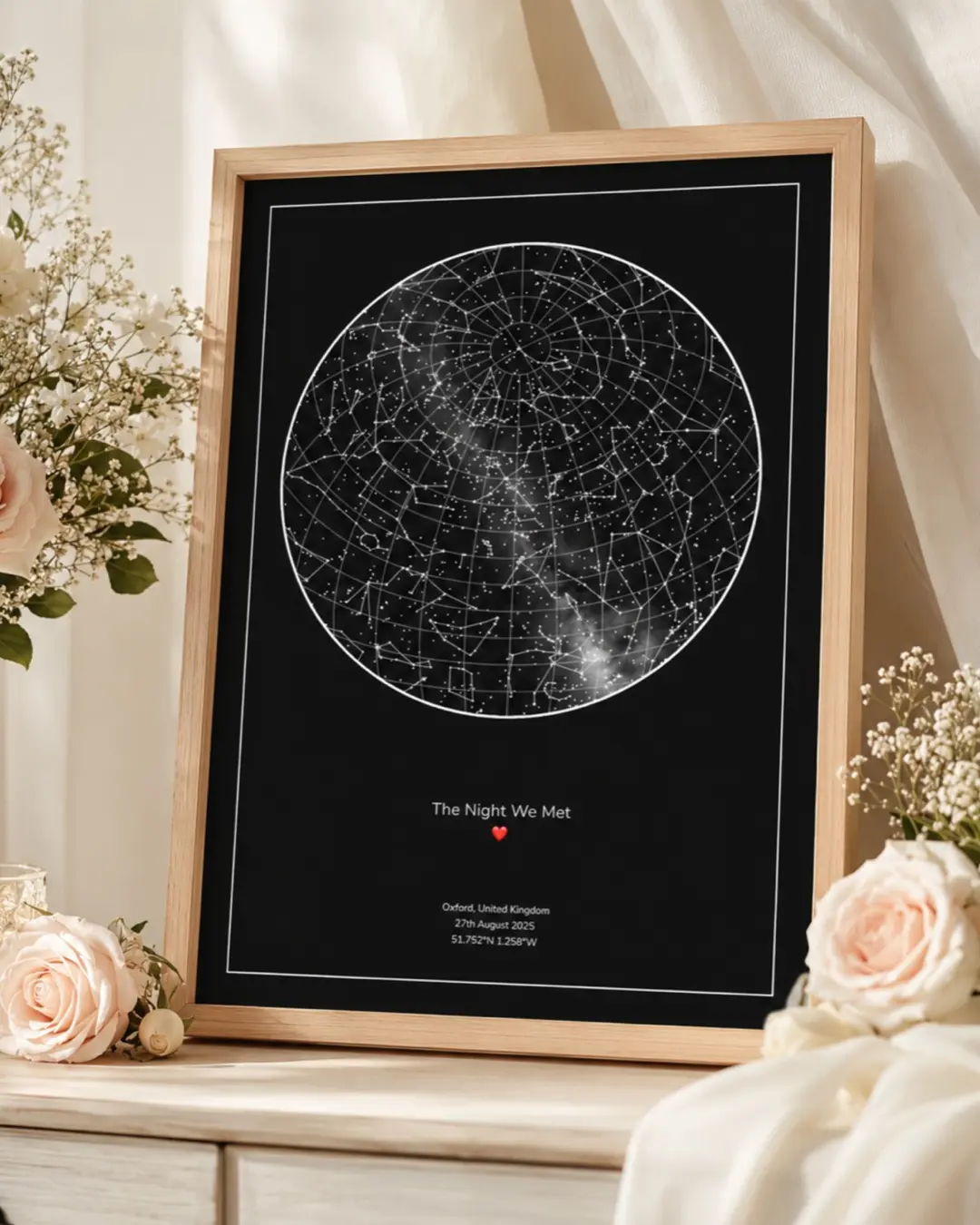 Oak framed star map with constellations